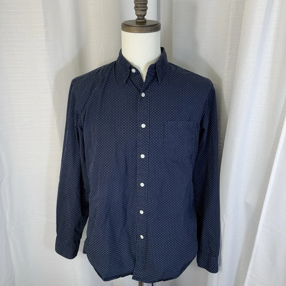 J. Crew Men's Button Down Shirt Large Navy Polka Dot 100%‎ Cotton Preppy Office